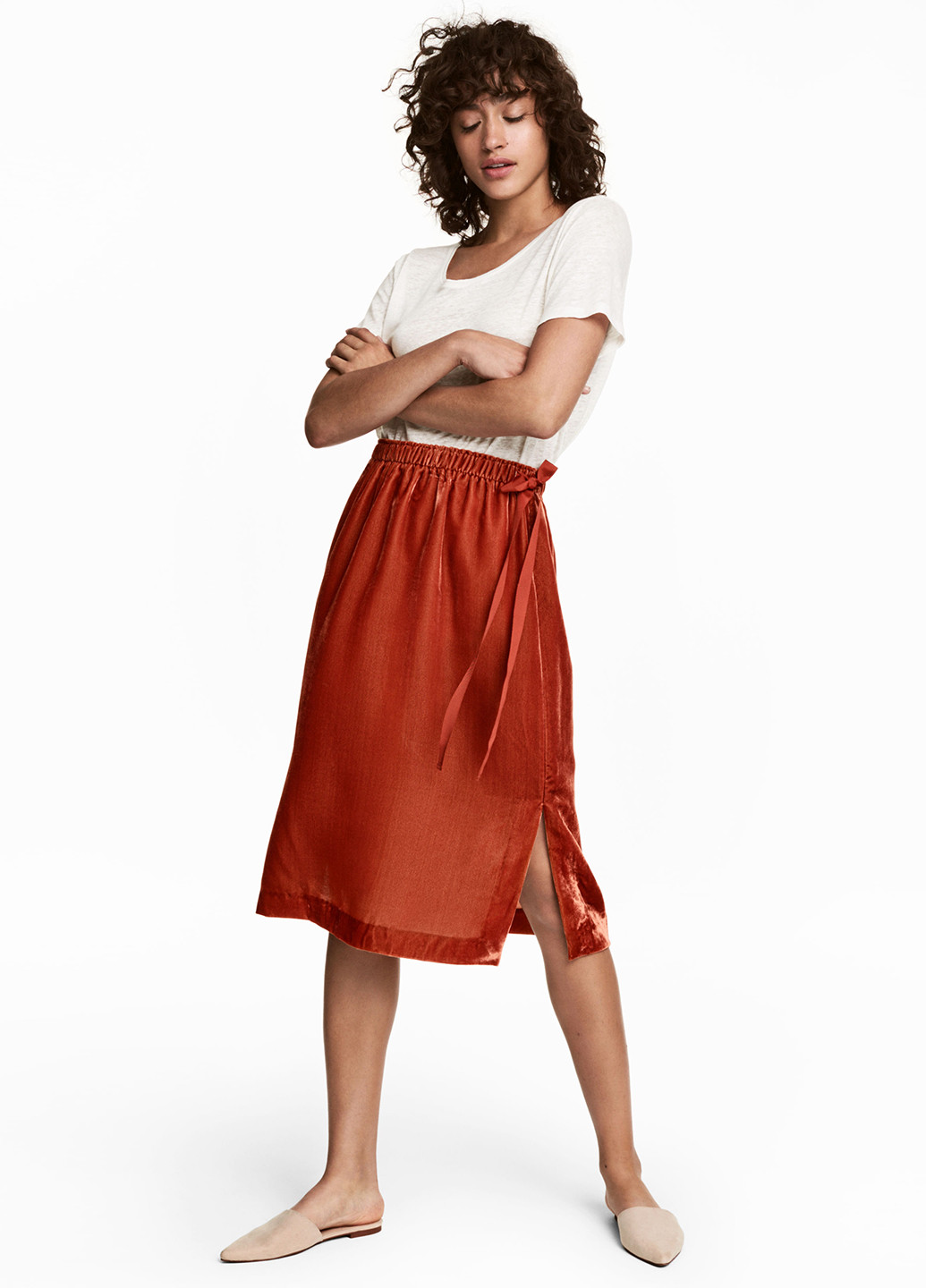 Терракотовая кэжуал однотонная юбка H&M а-силуэта (трапеция)