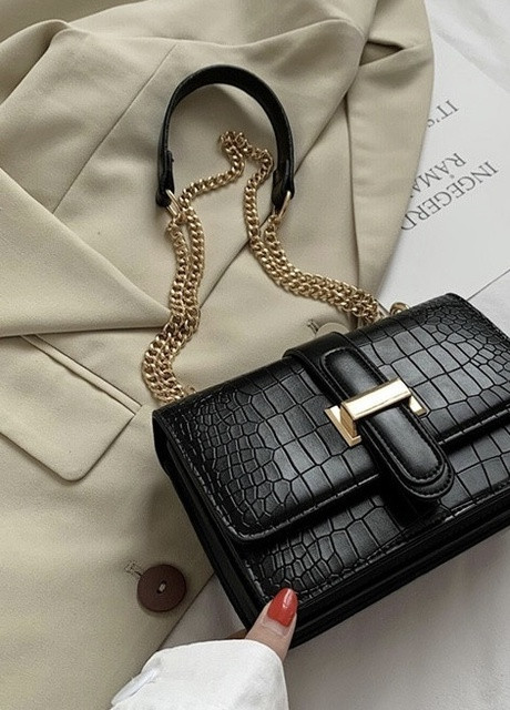 Жіноча класична сумка 3085 рептилія через плече крос-боді на товстому ланцюжку чорна NoName (251204061)