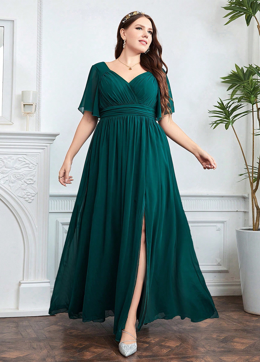 Темно-зелена вечірня сукня на запах, в стилі армпір SHEIN однотонна