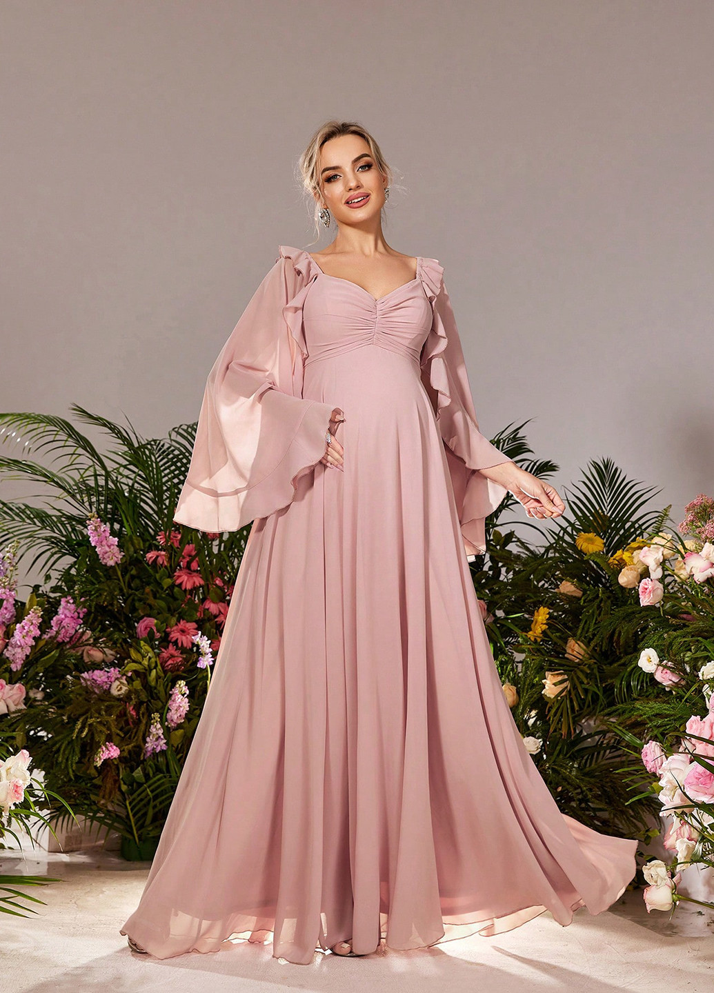 Світло-рожева вечірня сукня для вагітних кльош SHEIN однотонна