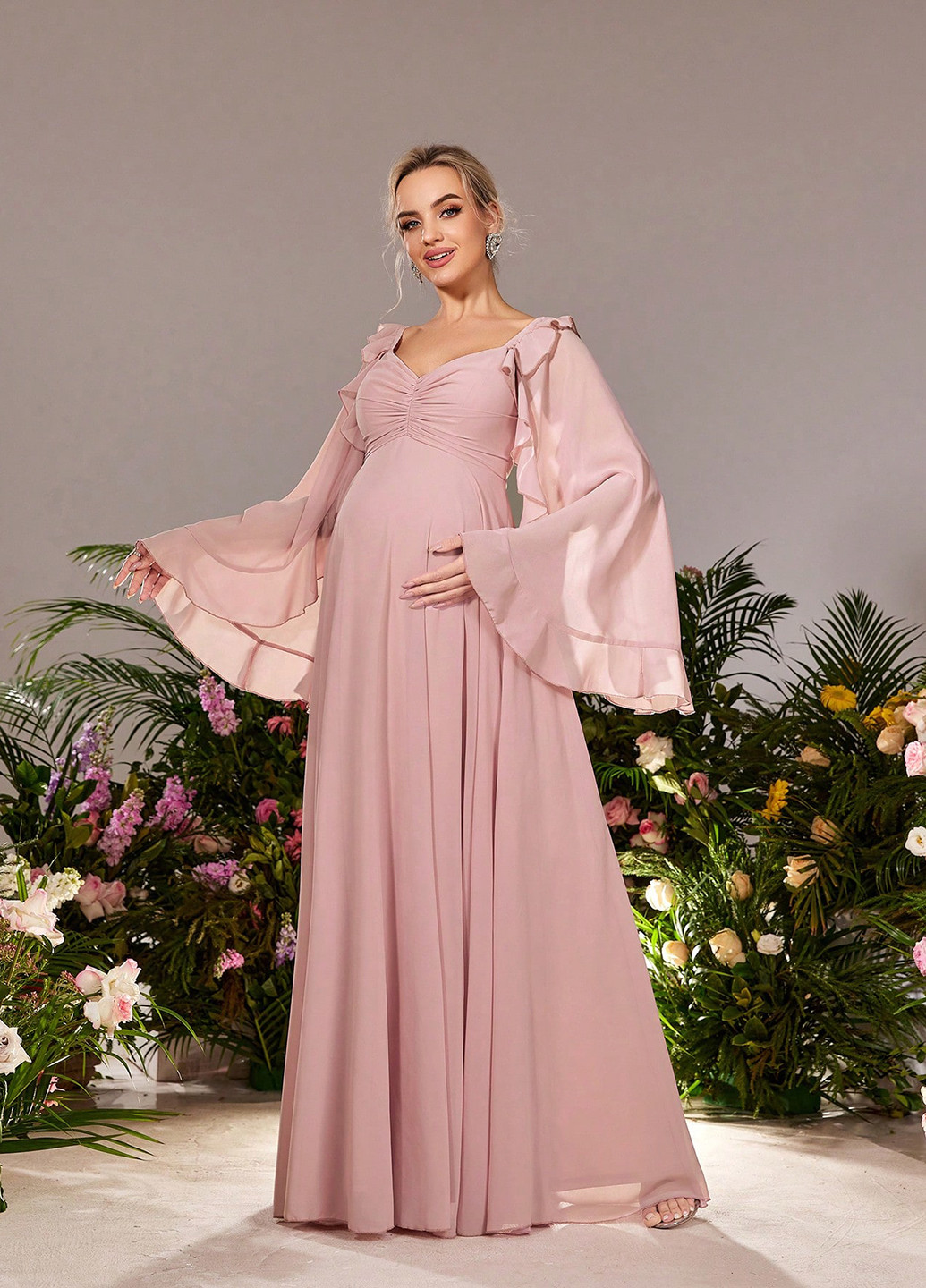 Світло-рожева вечірня сукня для вагітних кльош SHEIN однотонна