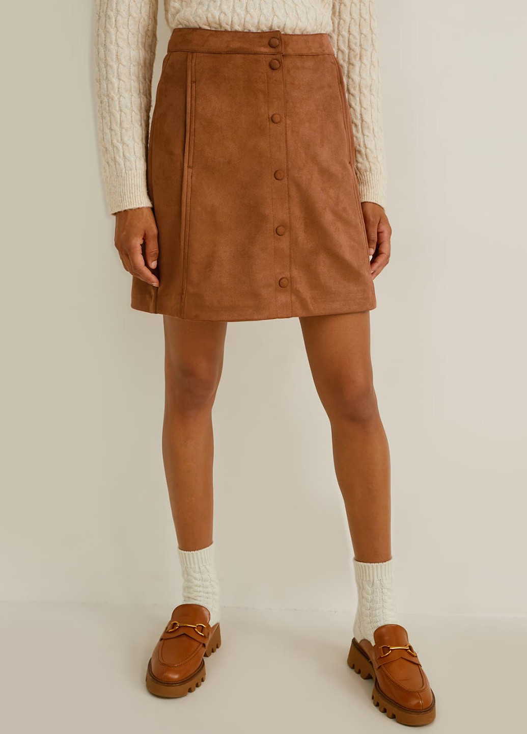 Коричневая кэжуал однотонная юбка C&A а-силуэта (трапеция)