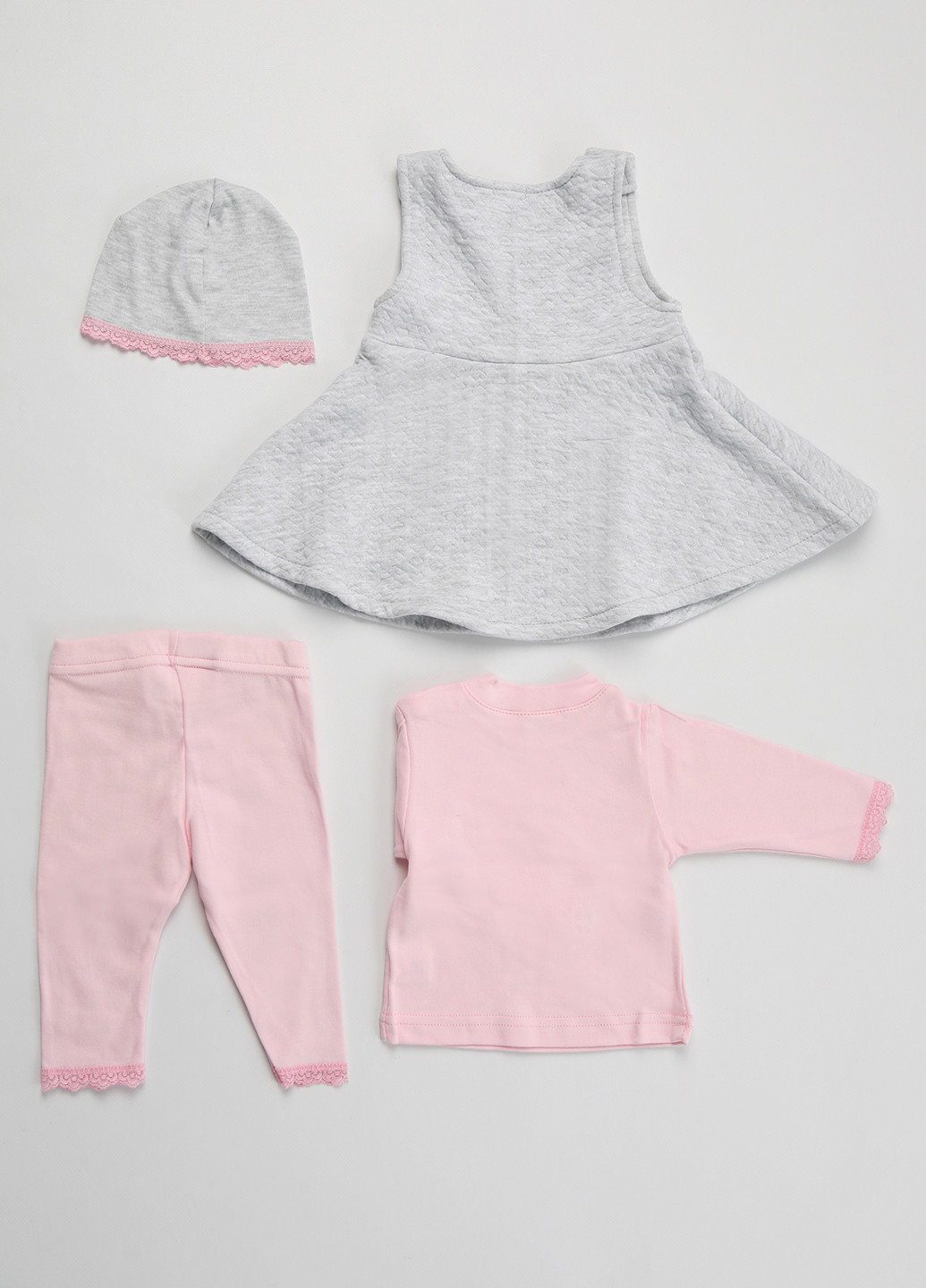Комбинированный демисезонный комплект (сарафан, лонгслив, брюки, шапка) Фламинго