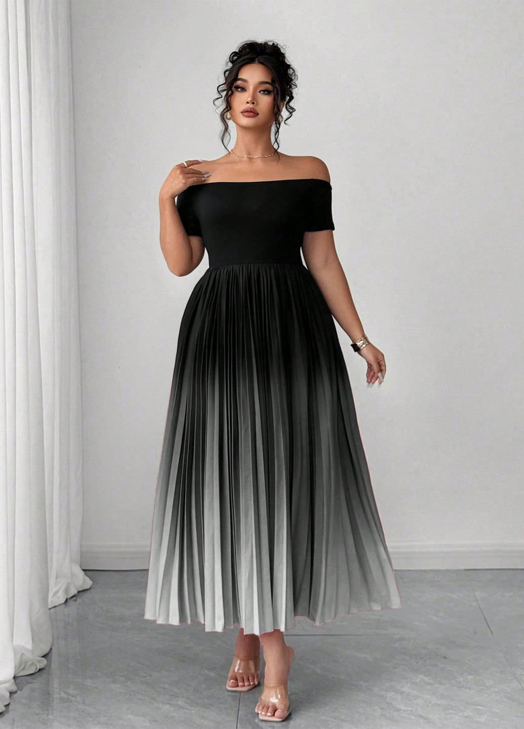 Комбинированное праздничный, вечернее, кэжуал платье с открытыми плечами, плиссированное SHEIN градиентное ("омбре")