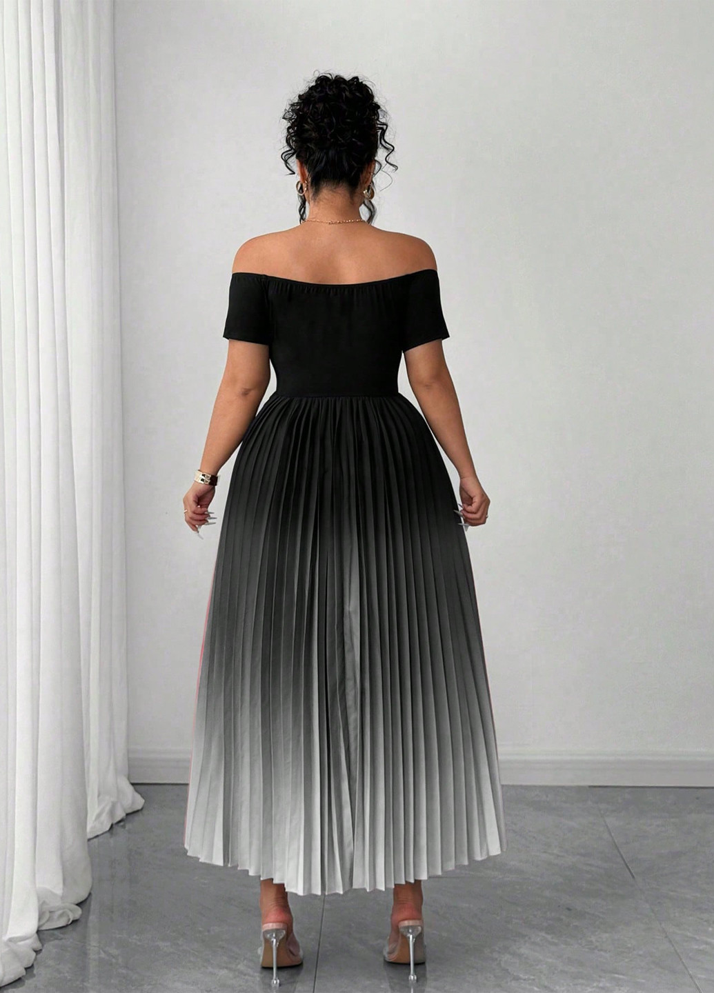 Комбинированное праздничный, вечернее, кэжуал платье с открытыми плечами, плиссированное SHEIN градиентное ("омбре")