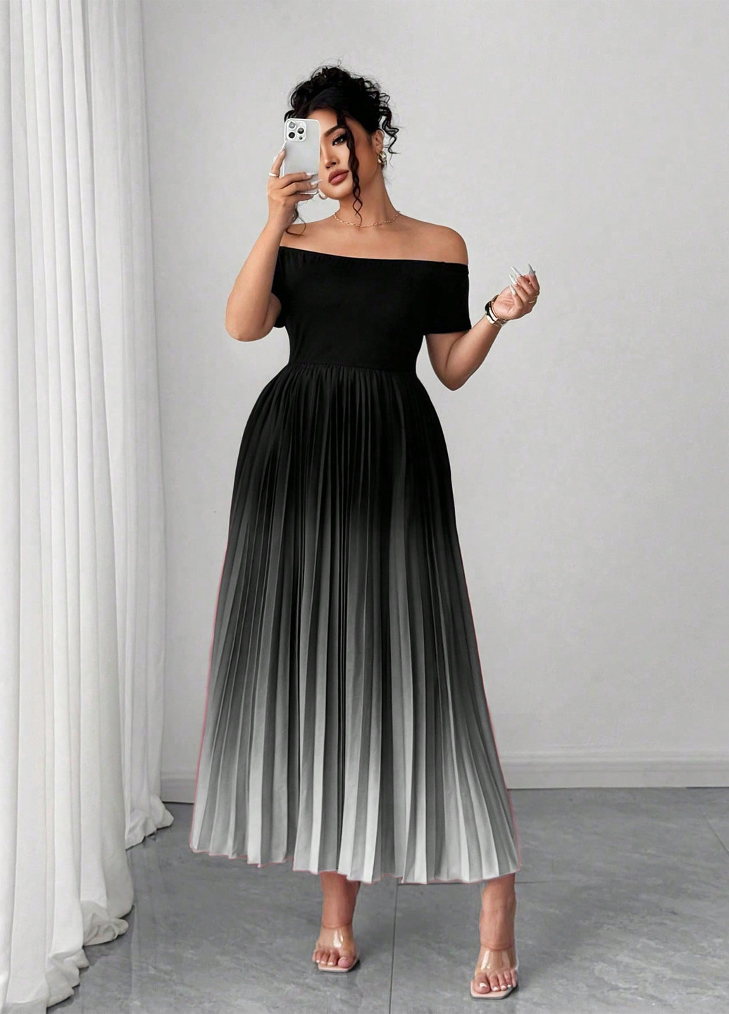 Комбинированное праздничный, вечернее, кэжуал платье с открытыми плечами, плиссированное SHEIN градиентное ("омбре")