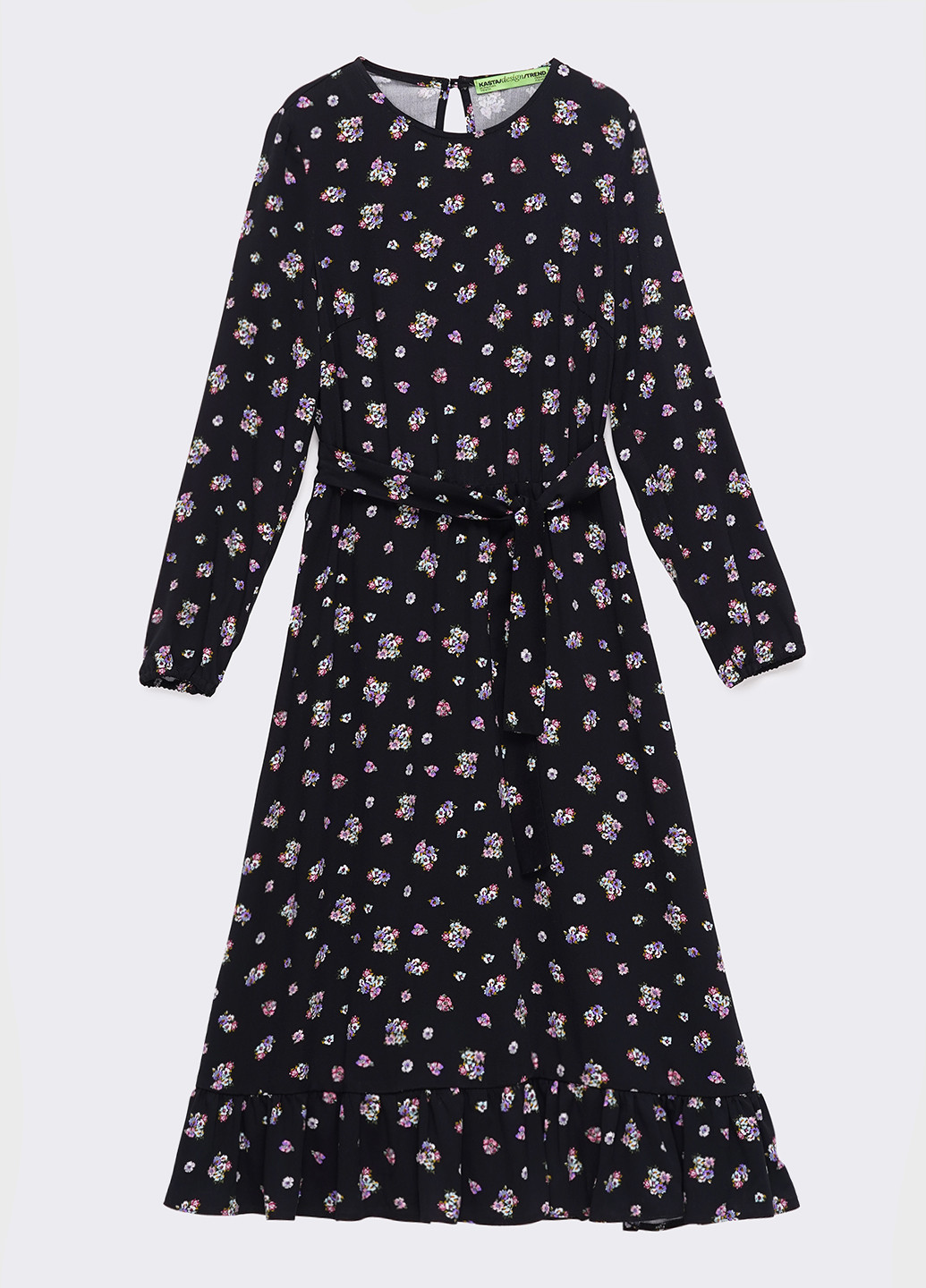 Черное кэжуал платье миди с оборкой и длинным рукавом KASTA design с цветочным принтом