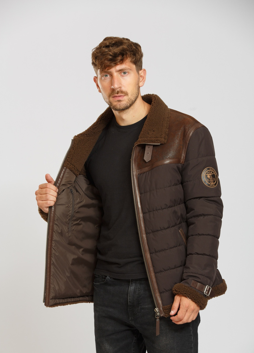 Коричневая зимняя куртка - дубленка коричневый Cvk brand