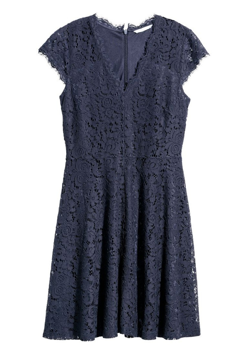 Темно-синя мереживне плаття H&M однотонна