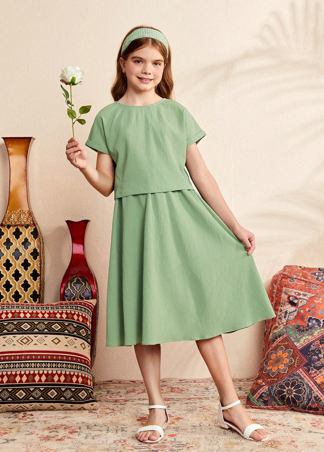 Светло-зеленый летний костюм (блуза, юбка) SHEIN