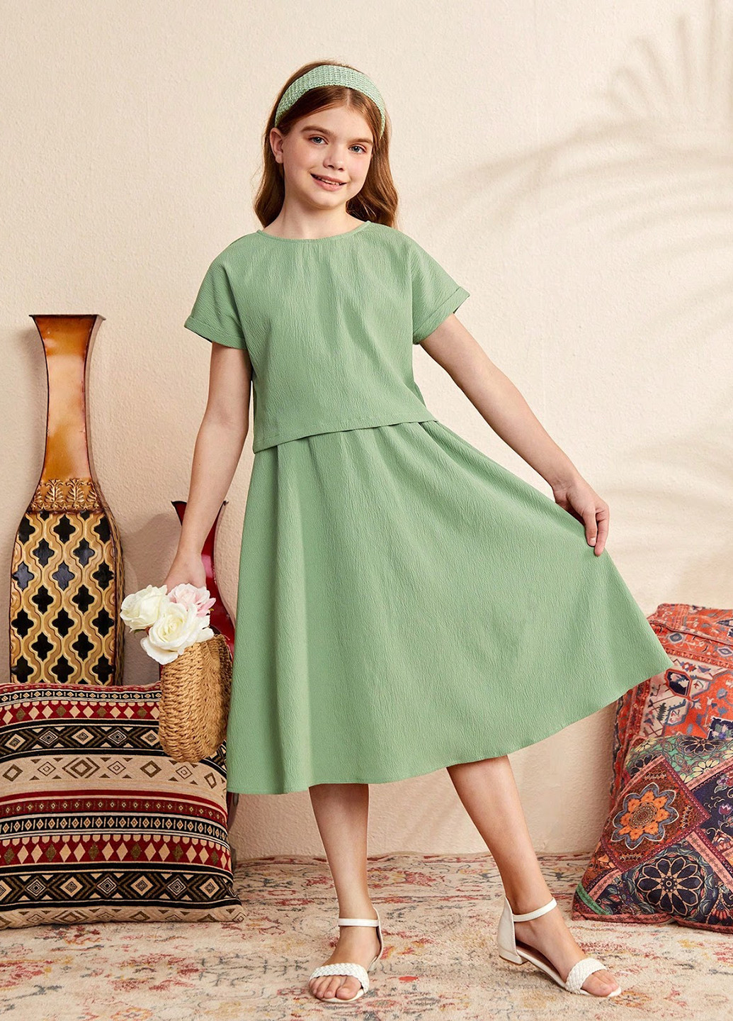 Светло-зеленый летний костюм (блуза, юбка) SHEIN