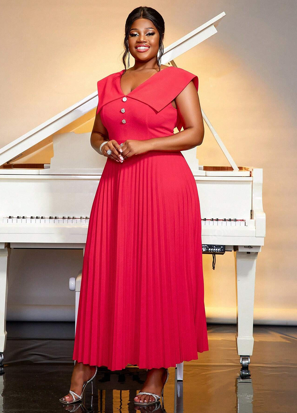 Червона кежуал, вечірня сукня плісована, а-силует SHEIN однотонна