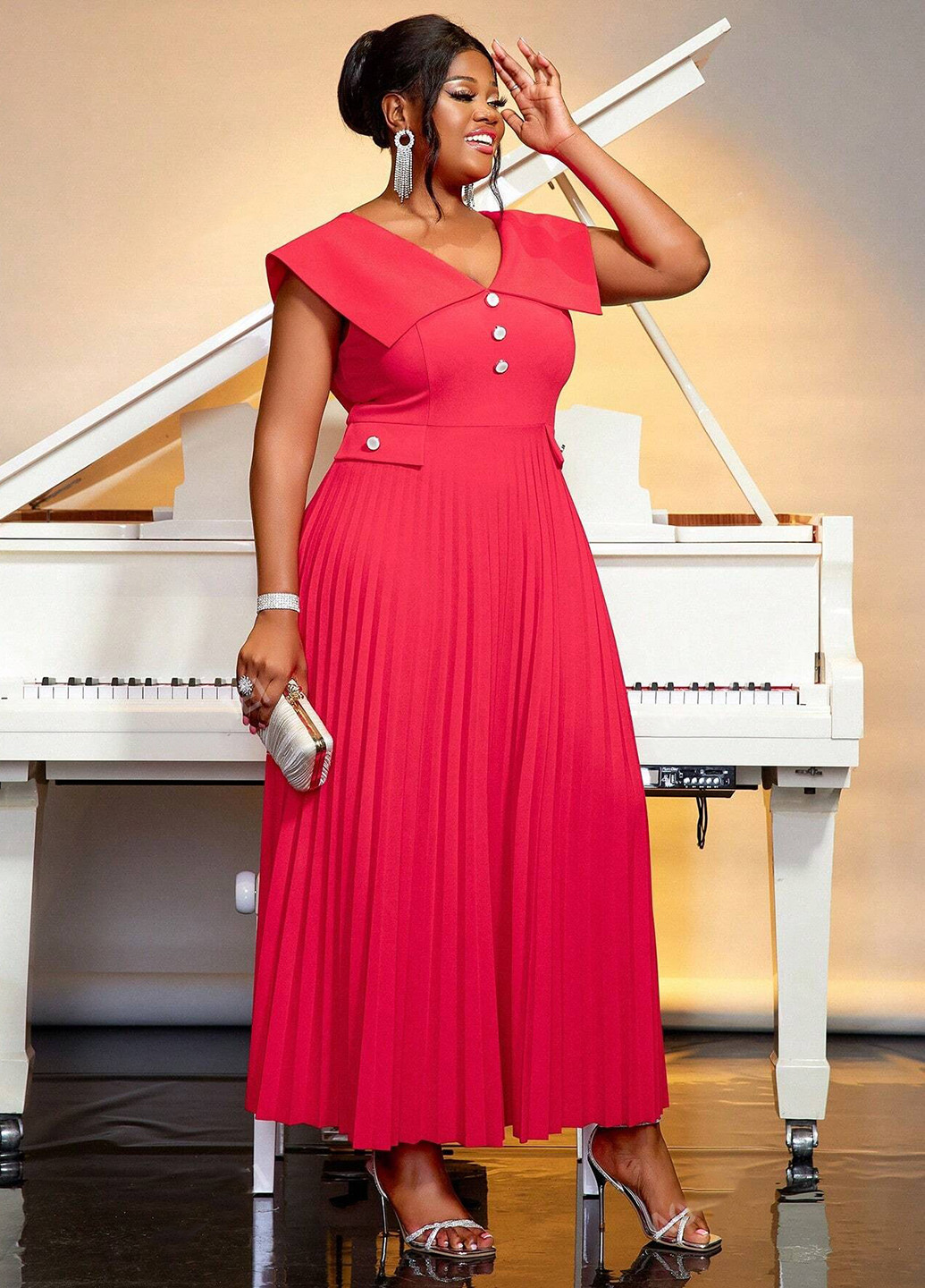 Червона кежуал, вечірня сукня плісована, а-силует SHEIN однотонна