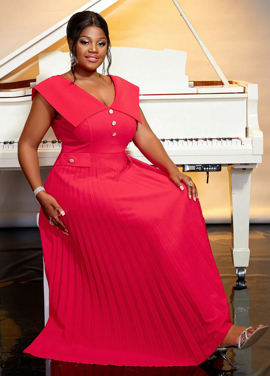 Червона кежуал, вечірня сукня плісована, а-силует SHEIN однотонна