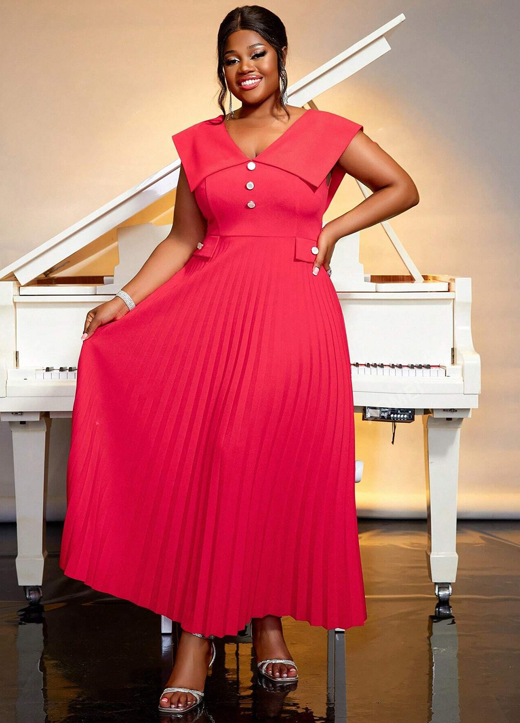 Червона кежуал, вечірня сукня плісована, а-силует SHEIN однотонна