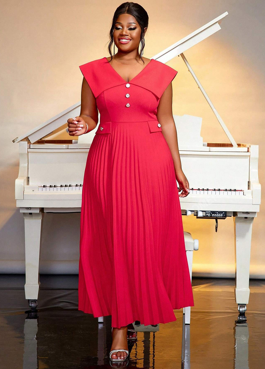 Червона кежуал, вечірня сукня плісована, а-силует SHEIN однотонна