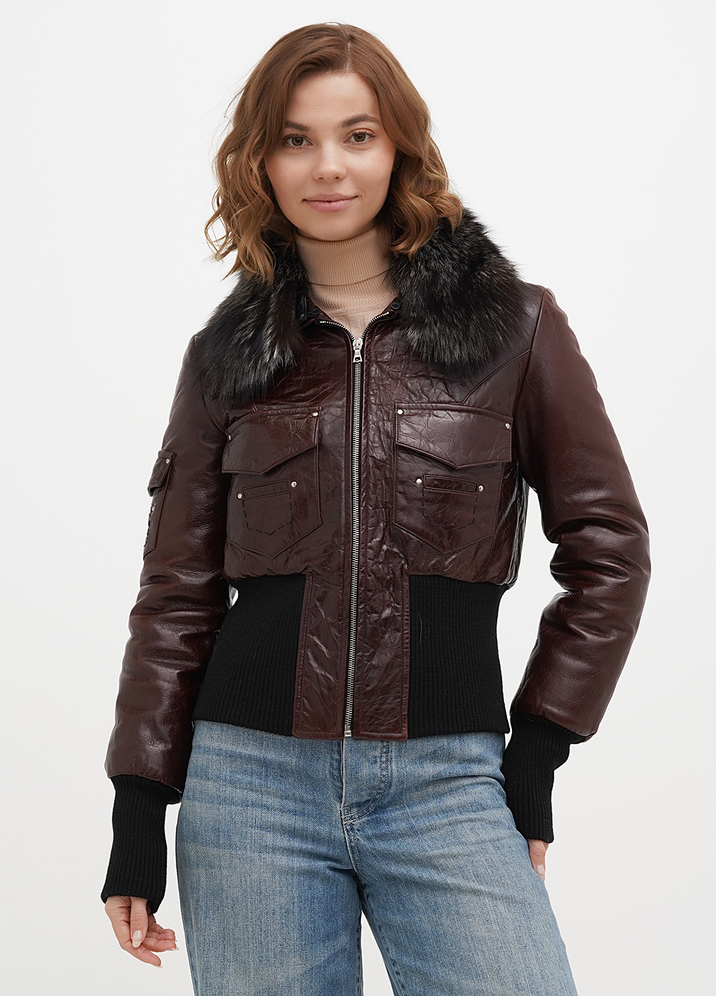 Бордова демісезонна куртка шкіряна Rich