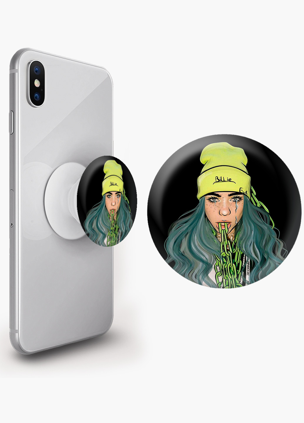 Попсокет (Popsockets) держатель для смартфона Билли Айлиш (Billie Eilish) (8754-2676) Черный MobiPrint (221548588)