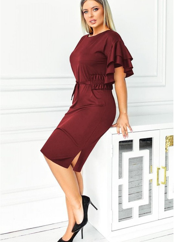 Бордовое кэжуал элегантное платье с поясом санторини Look & Buy однотонное