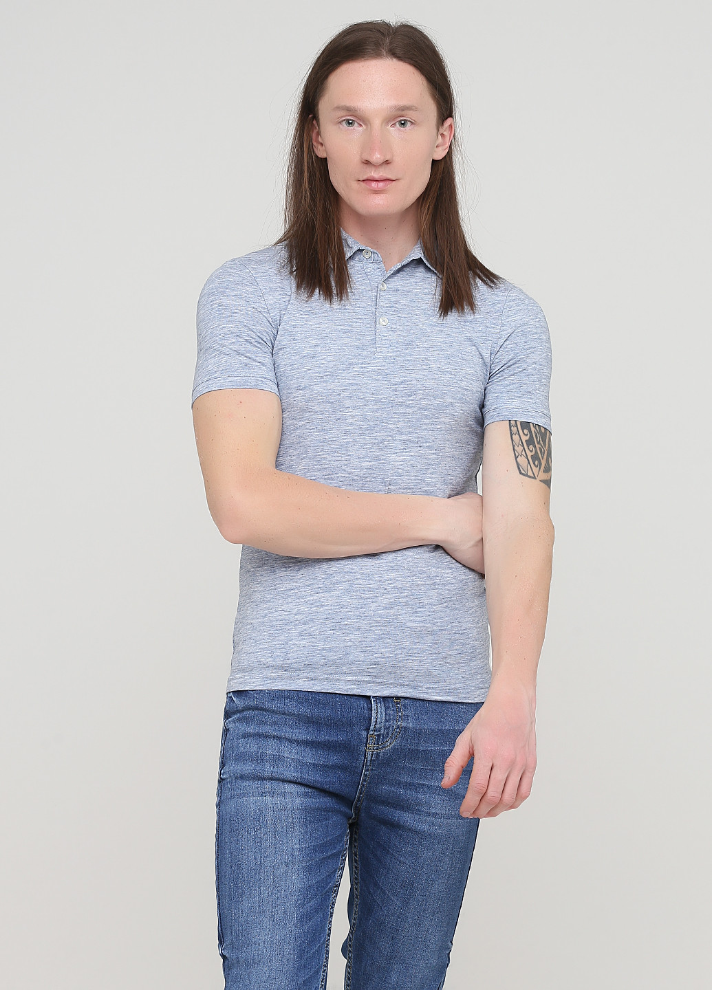 Голубой футболка-футболка для мужчин H&M меланжевая
