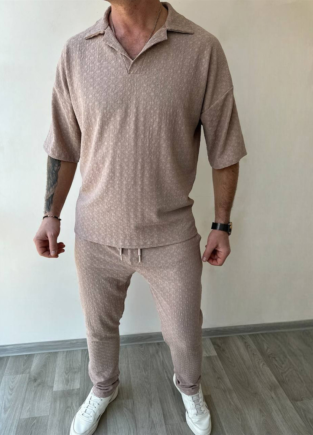 Темно-бежевий літній костюм (поло, штани) брючний Fashion