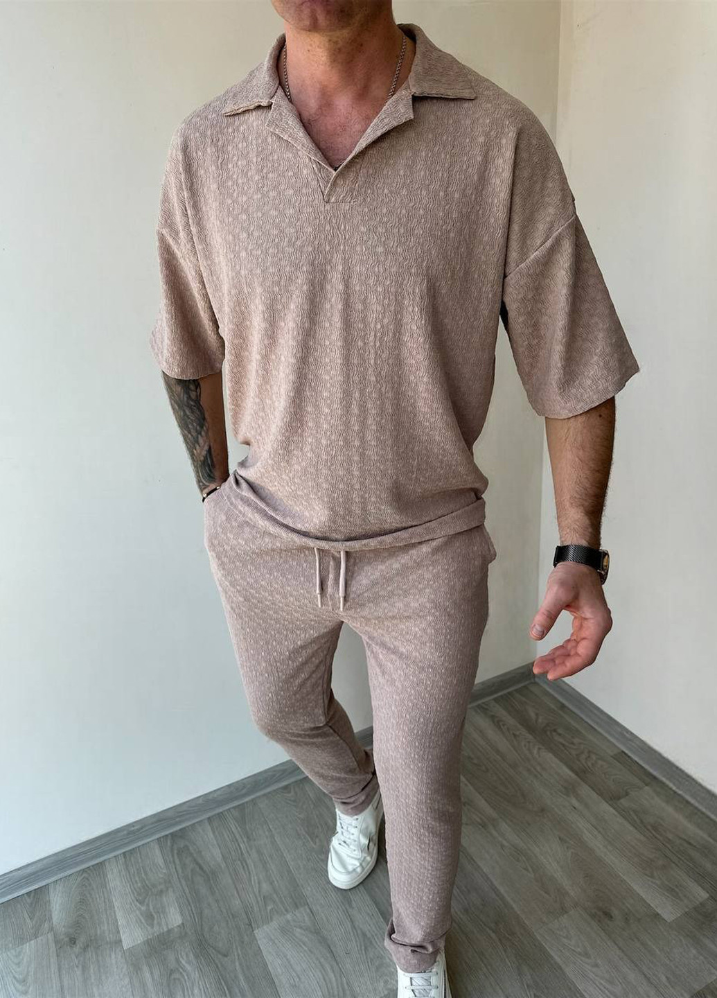 Темно-бежевий літній костюм (поло, штани) брючний Fashion