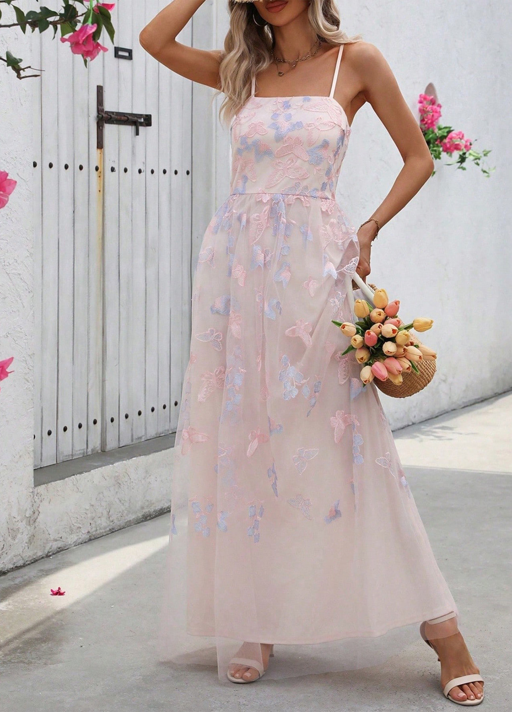 Світло-рожева коктейльна, вечірня сукня з пишною спідницею, з відкритою спиною SHEIN метелики