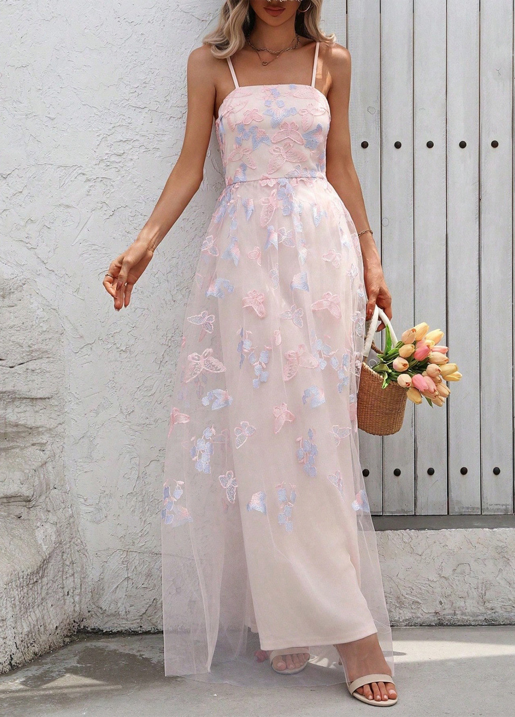 Світло-рожева коктейльна, вечірня сукня з пишною спідницею, з відкритою спиною SHEIN метелики