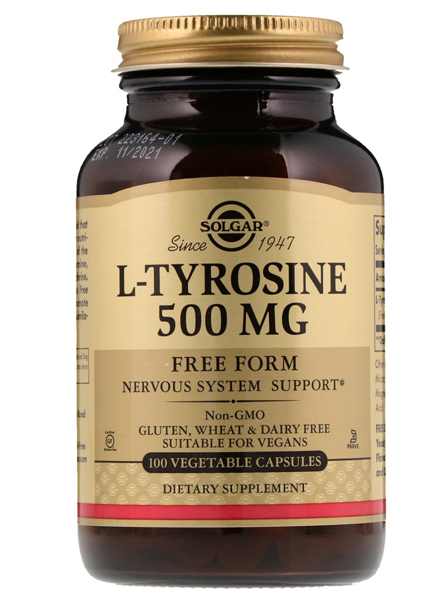 L-Тирозин, L-Tyrosine,, 500 мг, 100 вегетарианских капсул Solgar (228293293)