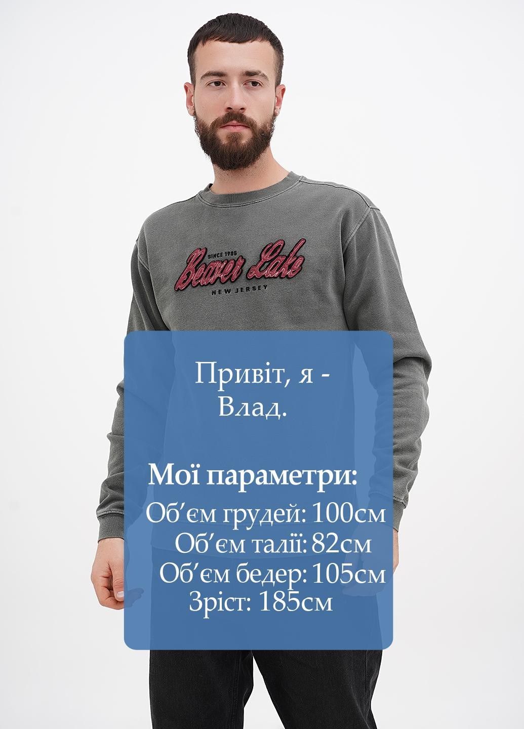 Сіро-зелений світшот Blue 84 однотонний вишивка, нашивки (311528519)