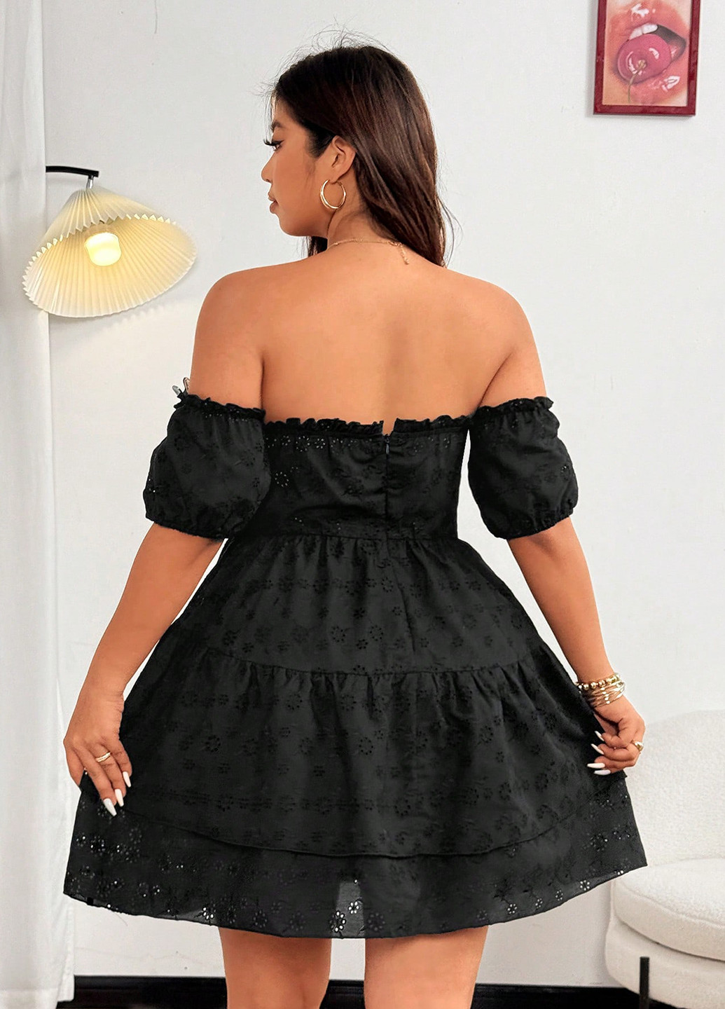 Черное коктейльное, вечернее платье с открытыми плечами, бэби долл SHEIN однотонное