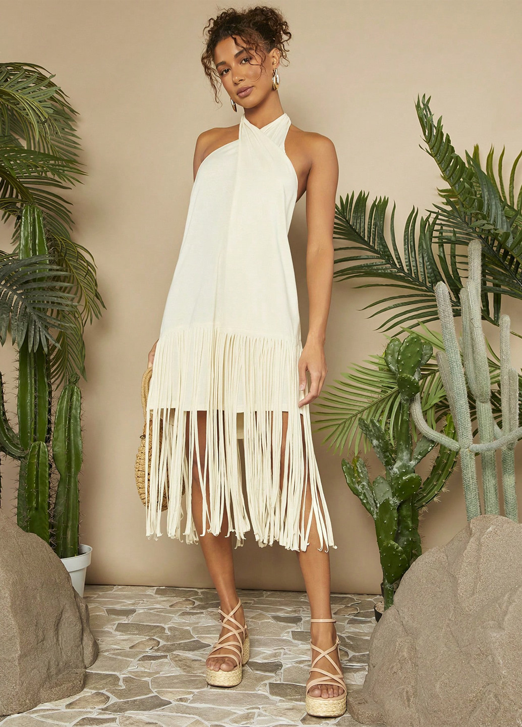 Кремова святковий, кежуал сукня а-силует, з відкритою спиною SHEIN однотонна