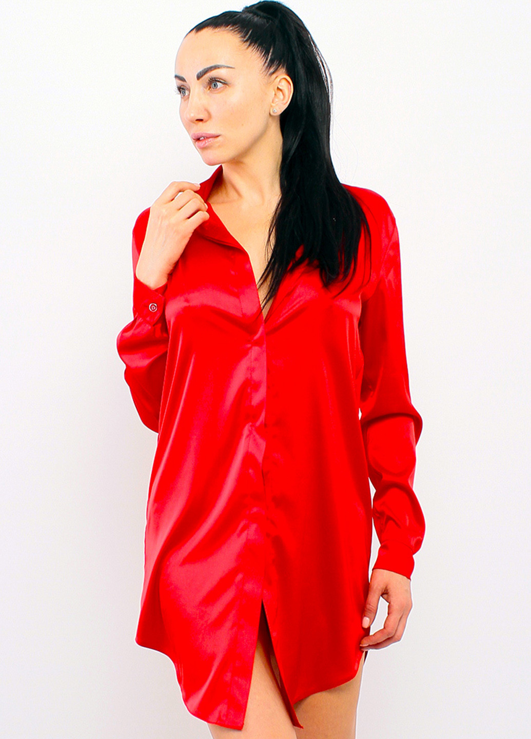 Красное домашнее платье рубашка Ghazel однотонное