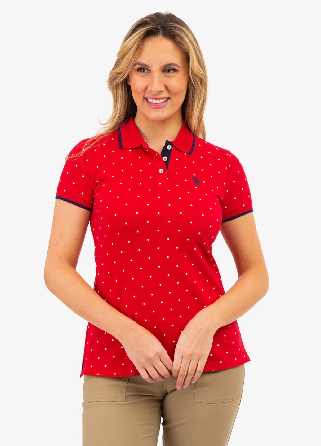 Красная женская футболка-поло U.S. Polo Assn. в горошек