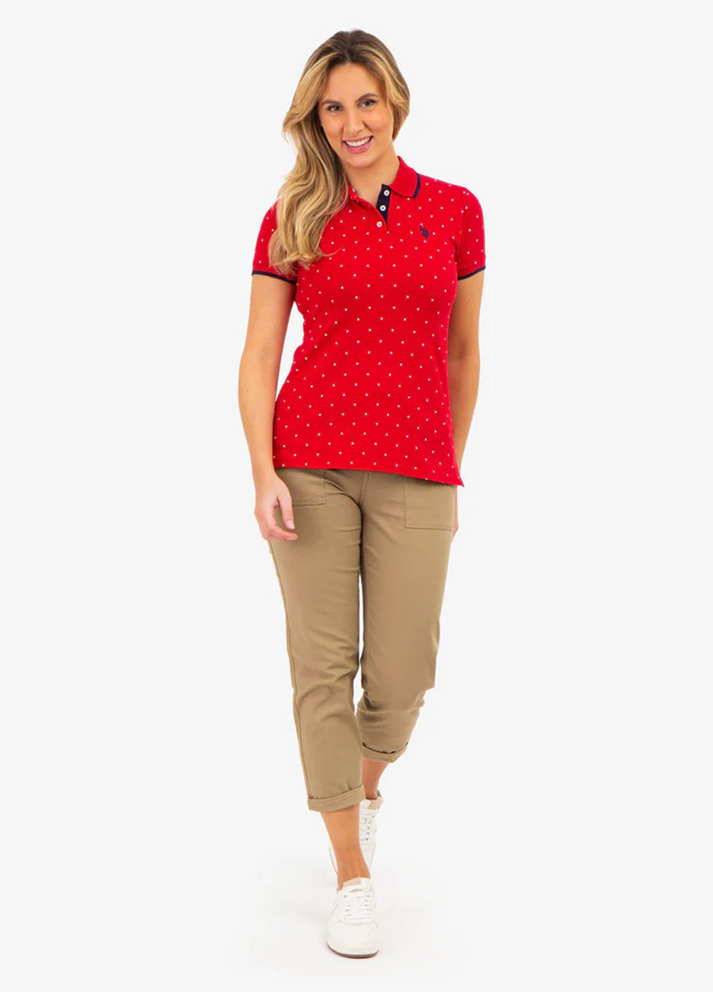 Красная женская футболка-поло U.S. Polo Assn. в горошек