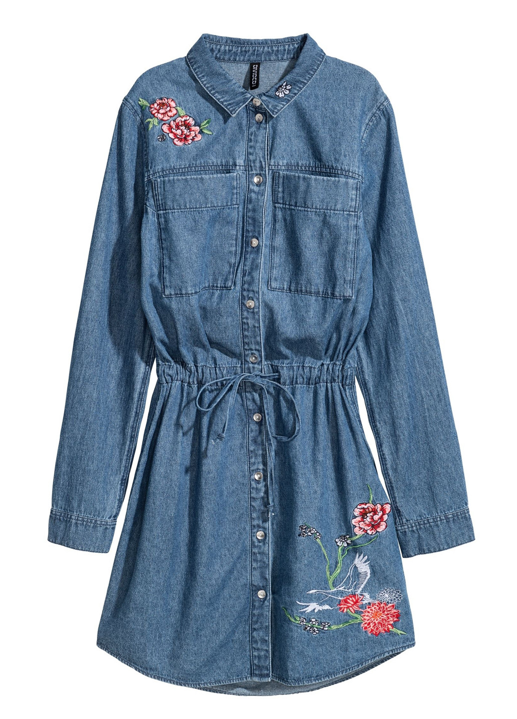 Синее джинсовое платье рубашка H&M с цветочным принтом