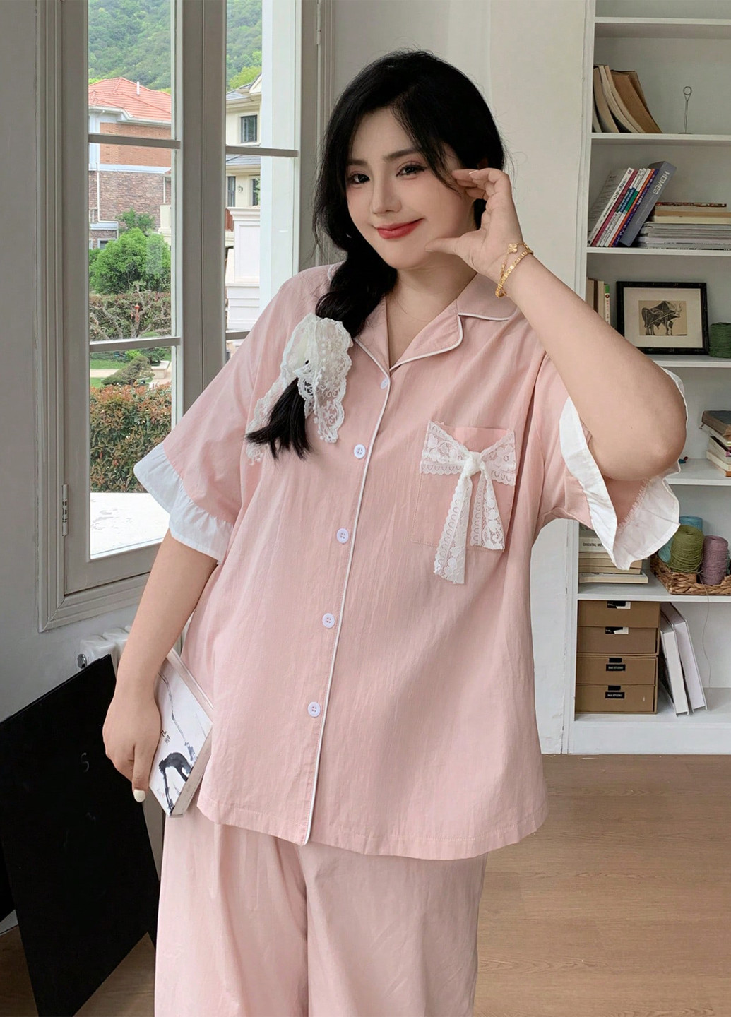 Розовая всесезон пижама (рубашка, брюки) рубашка + брюки SHEIN