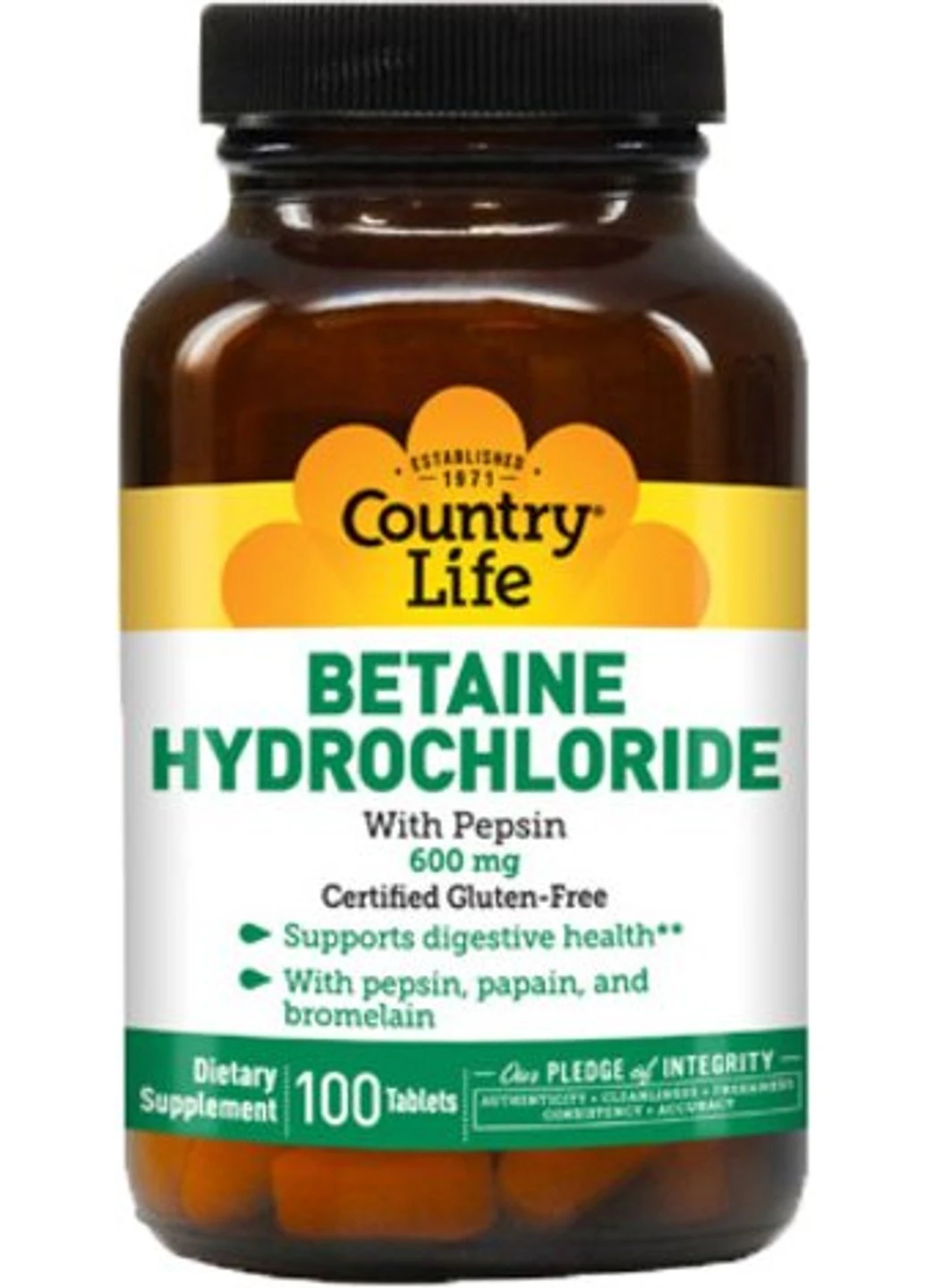 Бетаін HCL і Пепсин Betaine Hydrochloride with Pepsin 600 mg 100 таблеток Country Life (255408426)