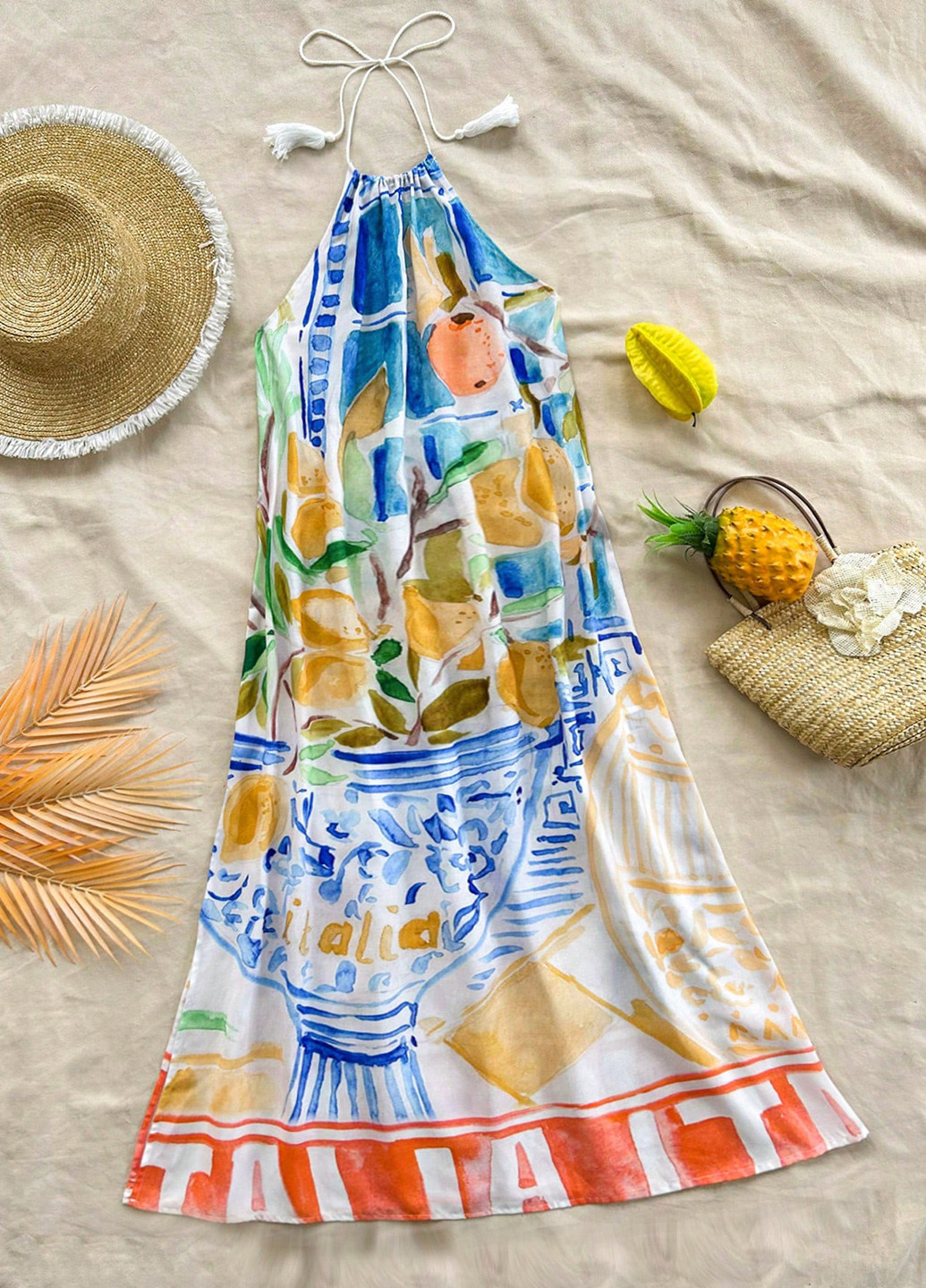 Белое праздничный, пляжное, кэжуал платье а-силуэт, с открытой спиной SHEIN с рисунком