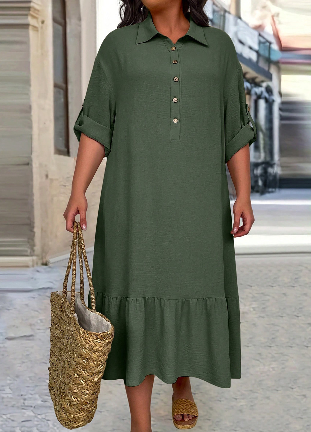 Серо-зеленое кэжуал платье оверсайз SHEIN однотонное