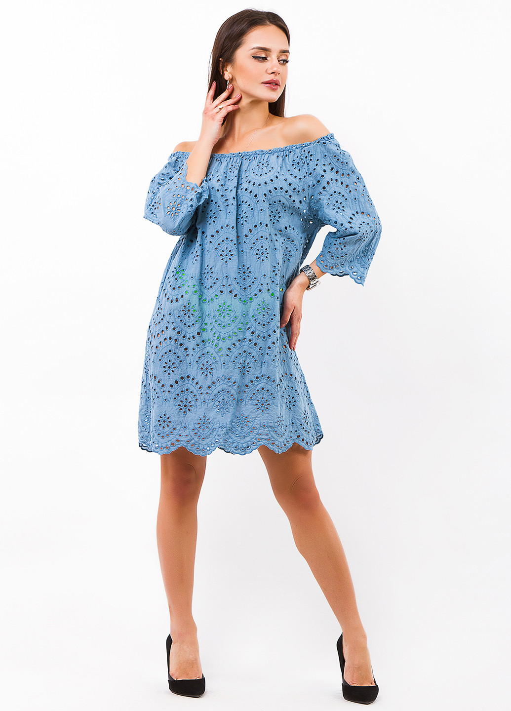 Голубое кэжуал платье с открытыми плечами Billi Fashion однотонное