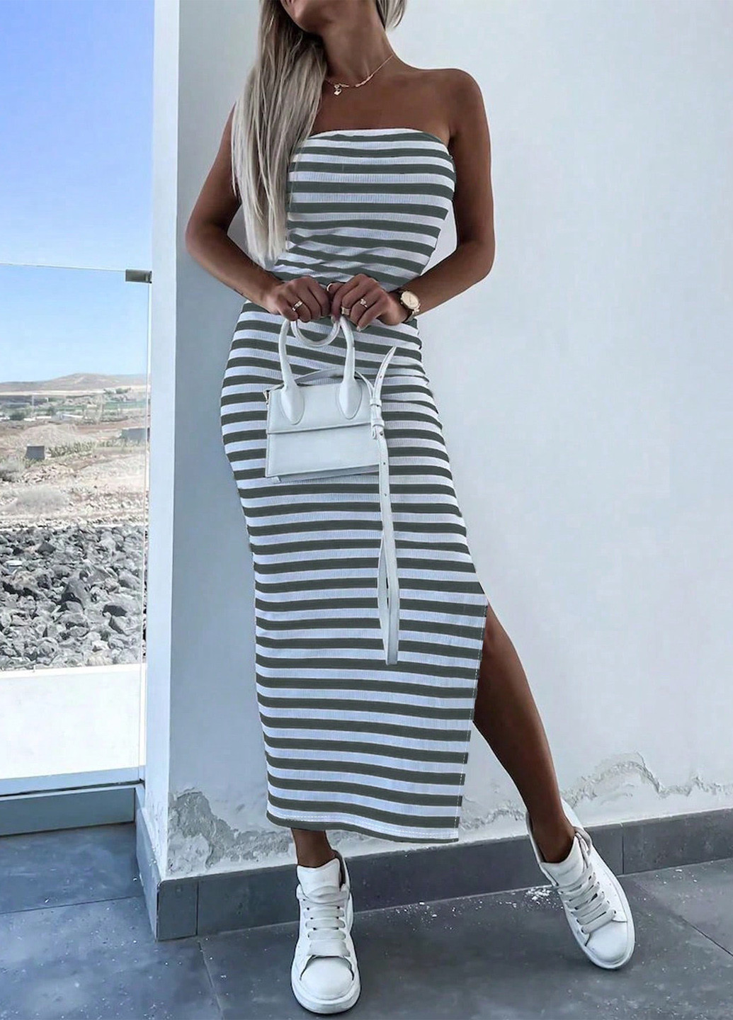 Комбінована кежуал сукня з відкритими плечима, бандо SHEIN в смужку