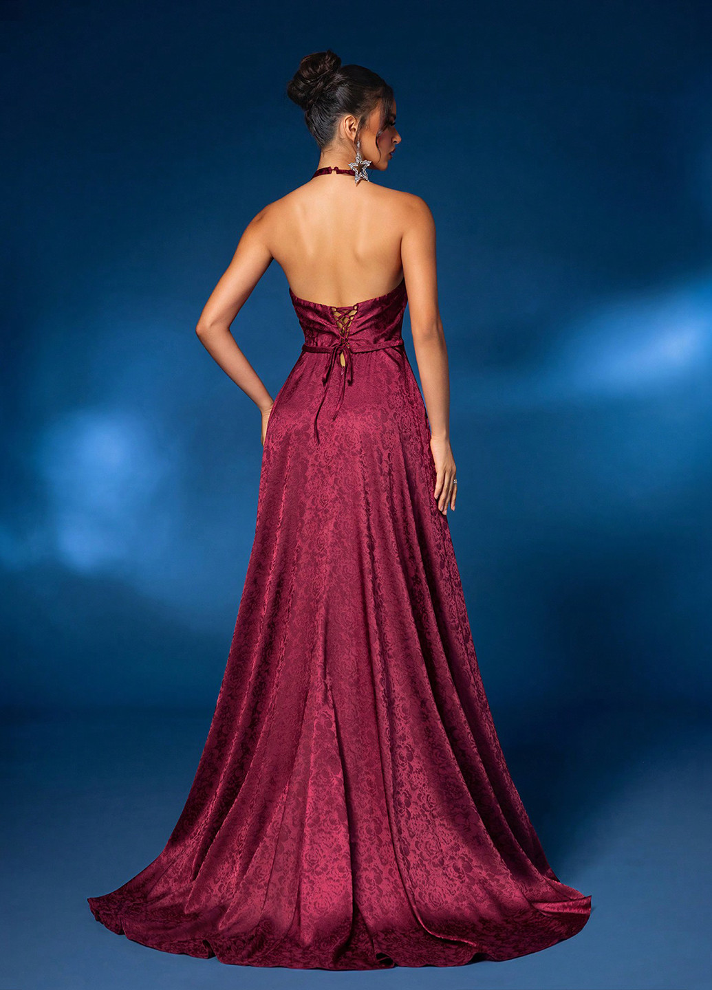 Бордова святковий, вечірня сукня кльош, з відкритою спиною SHEIN з квітковим принтом