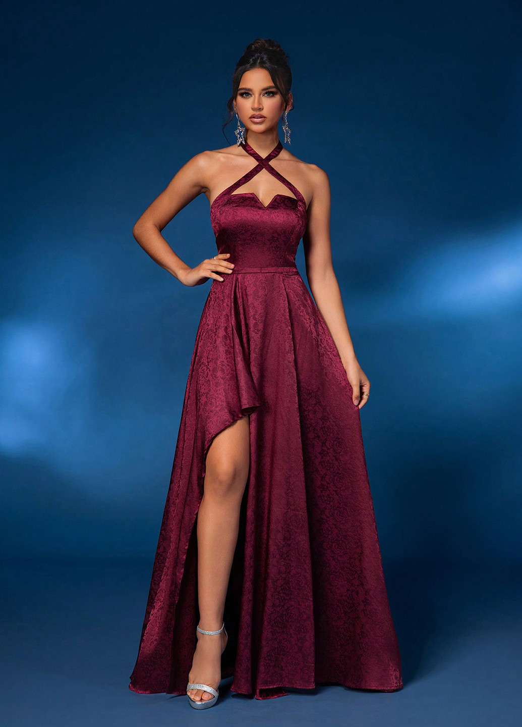 Бордова святковий, вечірня сукня кльош, з відкритою спиною SHEIN з квітковим принтом