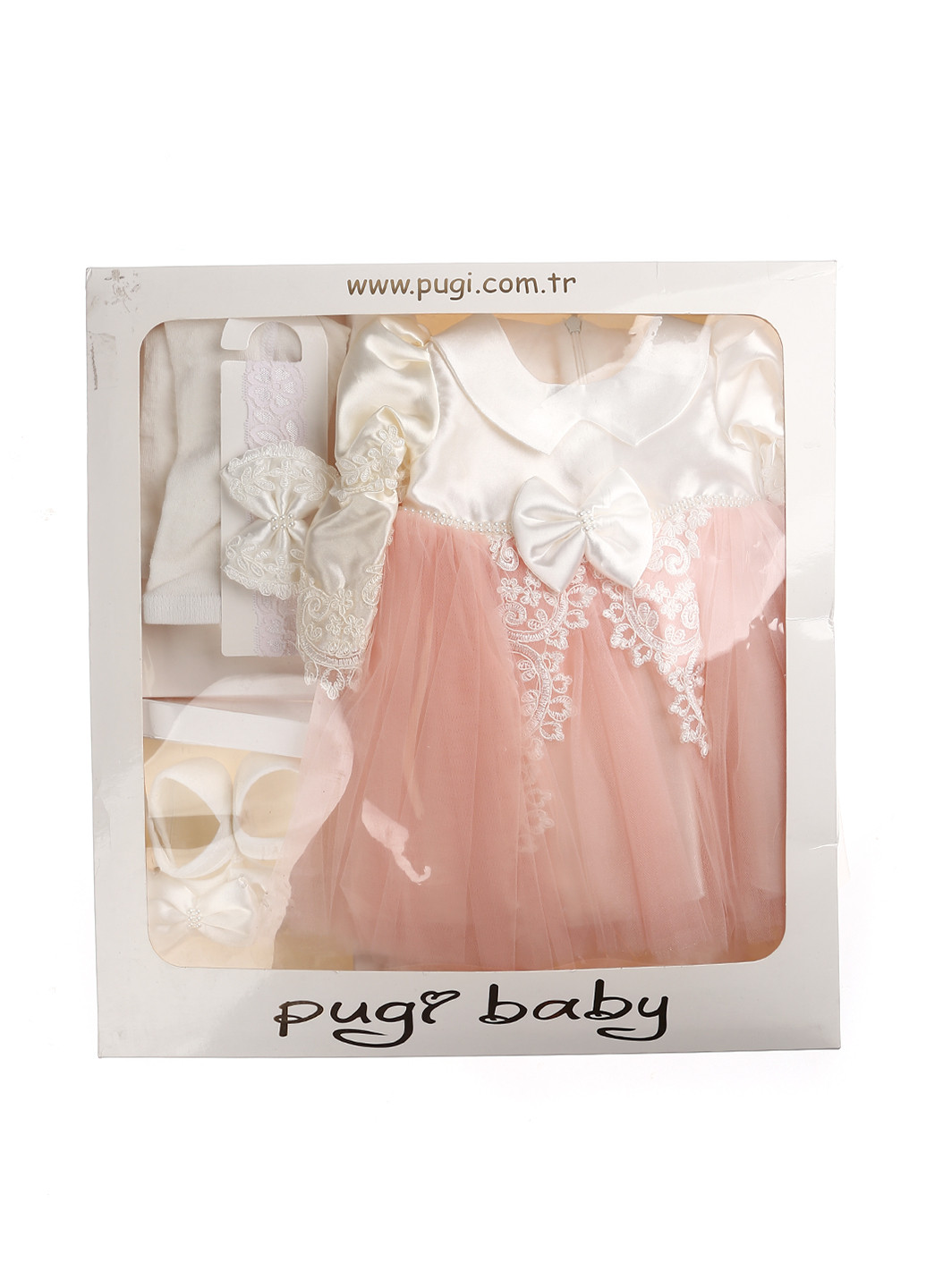 Молочный демисезонный комплект (платье, колготки, повязка, пинетки) Pugi Baby