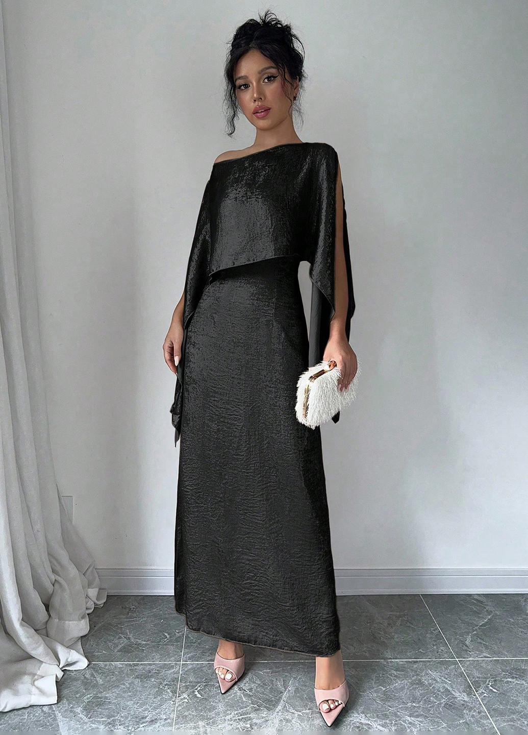 Чорна вечірня сукня сукня-кейп SHEIN однотонна