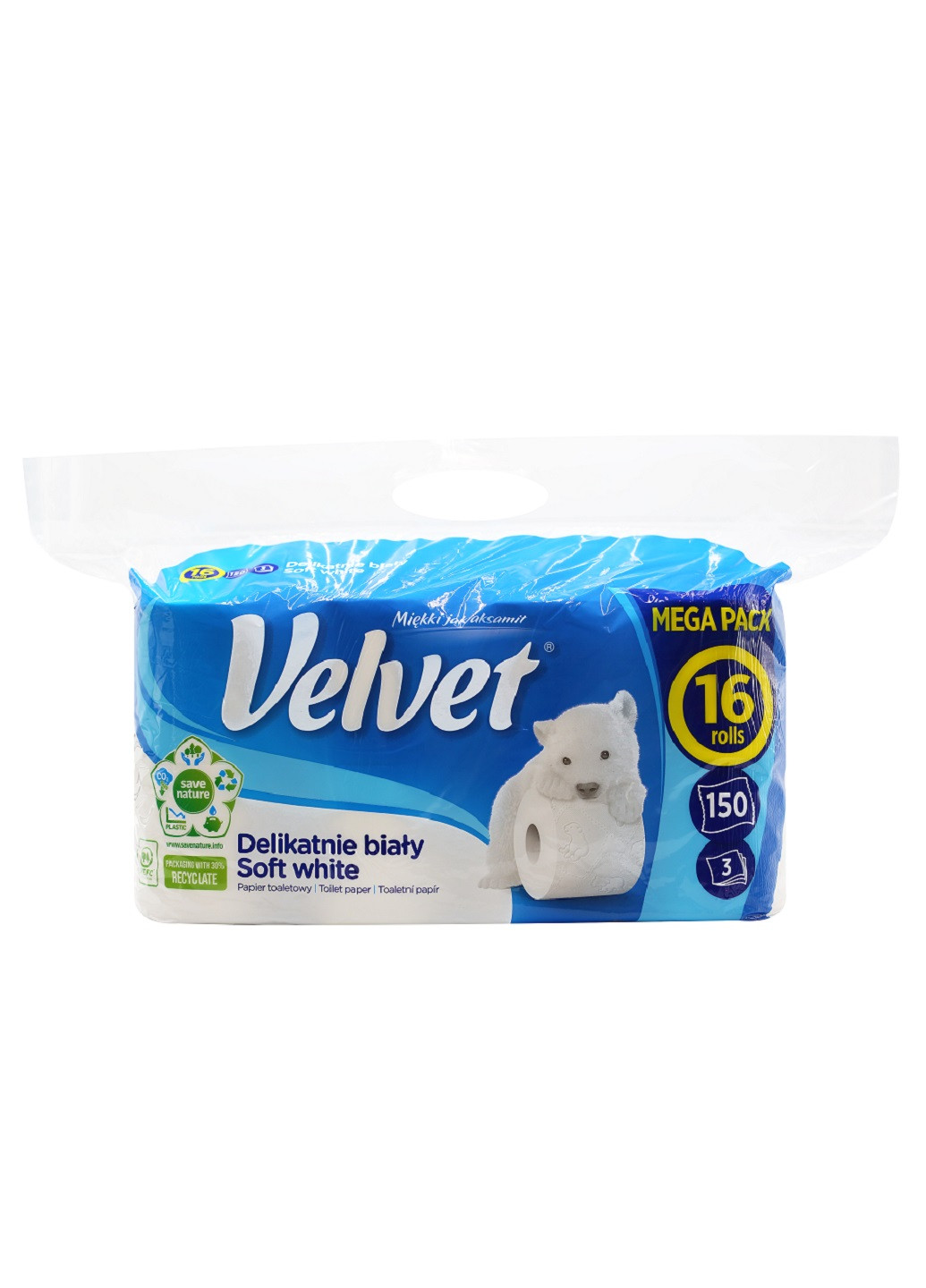 Туалетний папір Soft White тришаровий 150 відривів 16 рулонів Velvet (254794971)