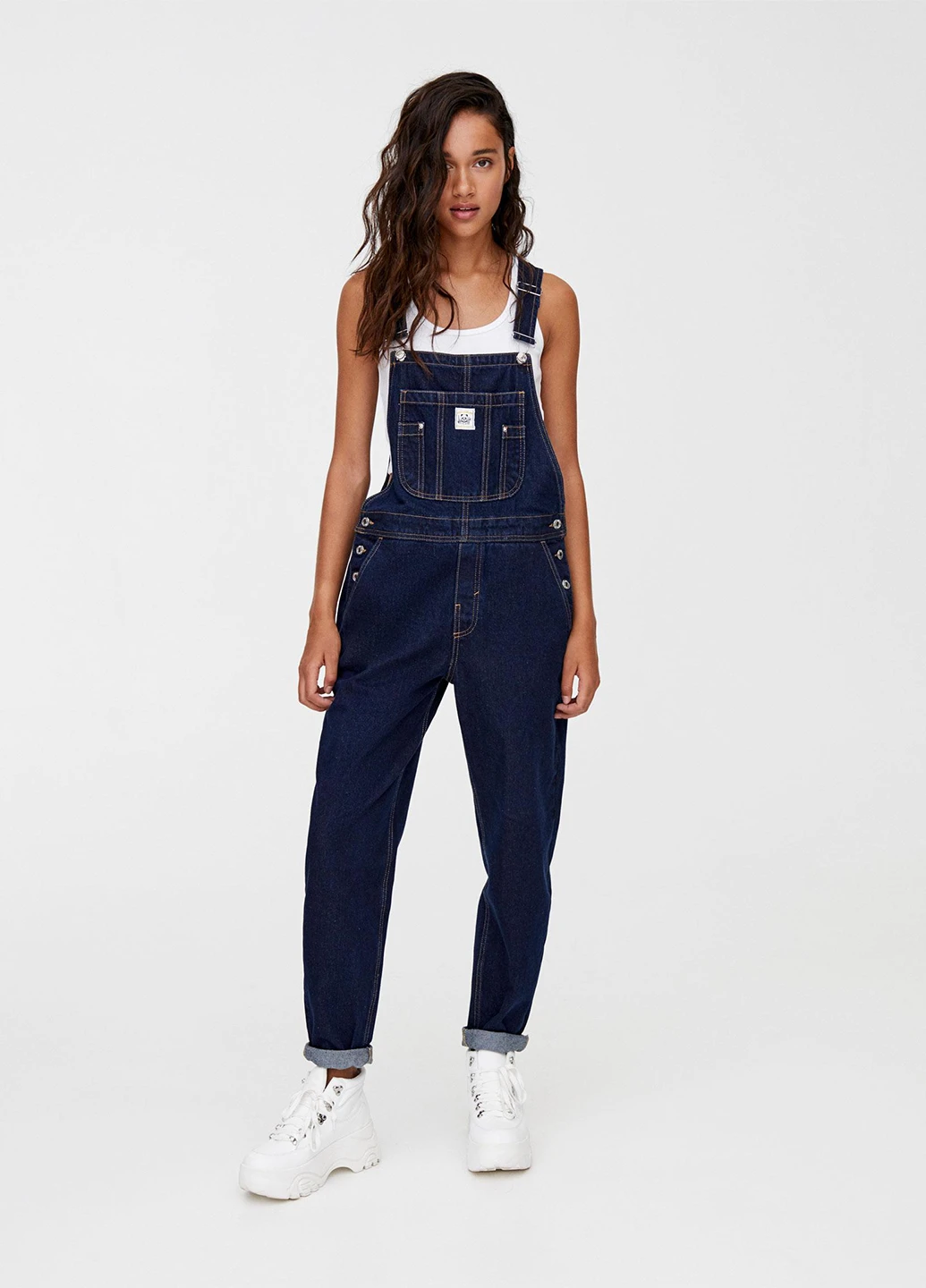 Комбинезон Pull & Bear комбинезон-брюки однотонный тёмно-синий денил хлопок