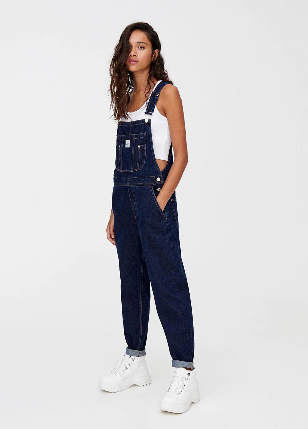 Комбинезон Pull & Bear комбинезон-брюки однотонный тёмно-синий денил хлопок