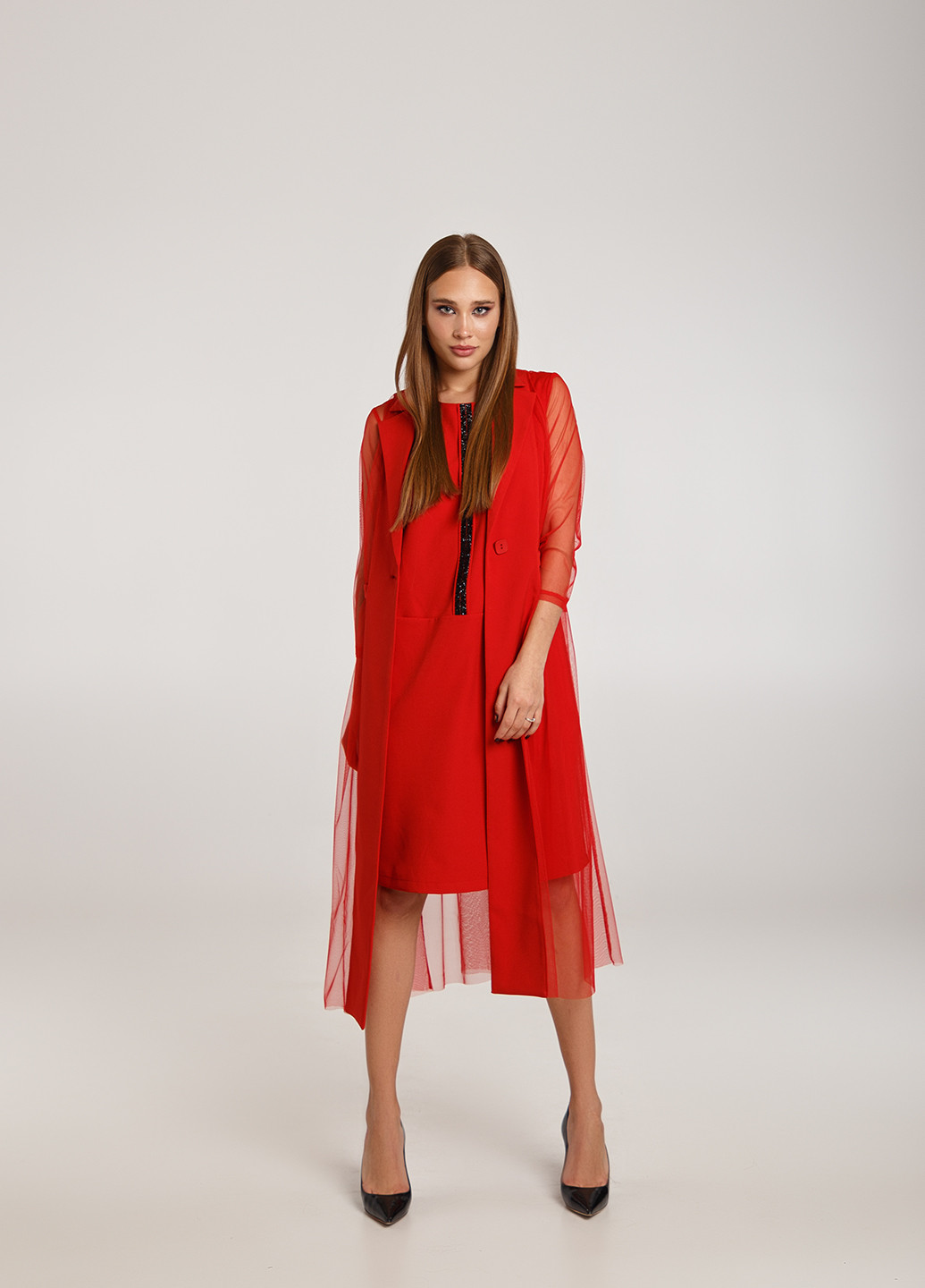 Костюм двойка платье+жакет со вставками сетки Красный Lipar 474 (205594729)